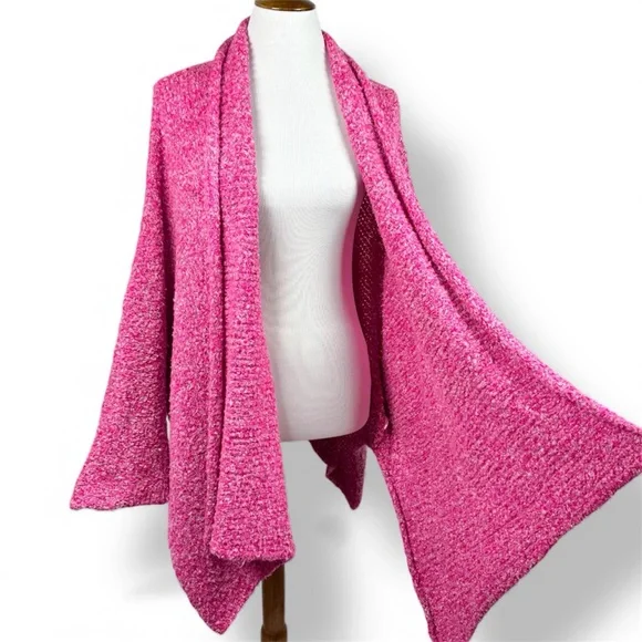 Free People Hot Pink Open Front Oversized Slouchy Cardigan Boucle Sweater M - Picture 10 of 13